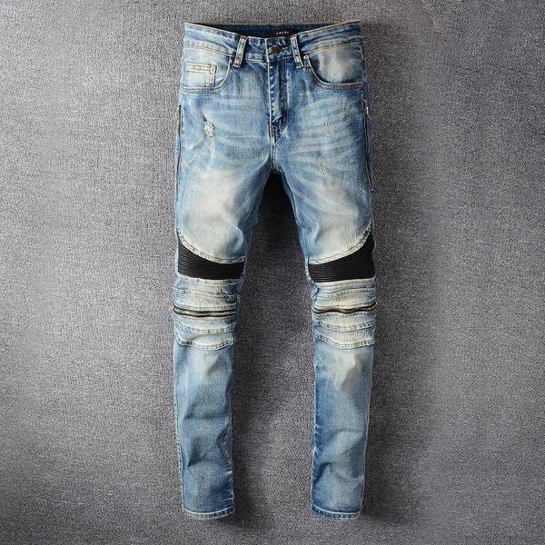 

men's jeans mens designer distressed ripped korean verion high treet fahion dark characteritic zipper deign amri jean pant, Blue