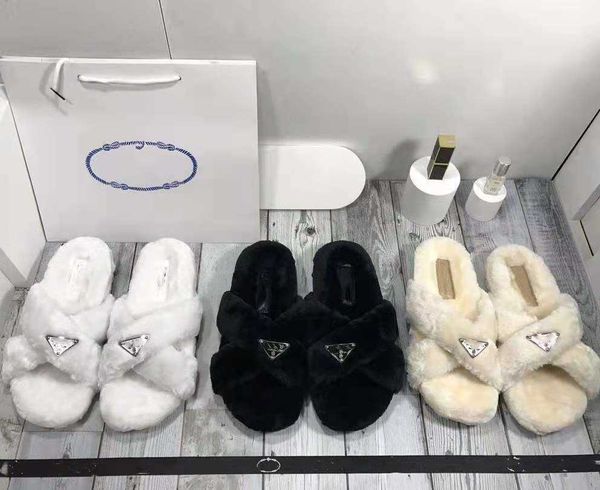 

2023 family triangle cross autumn winter new flat bottom lazy comfortable lamb wool slipper, Black
