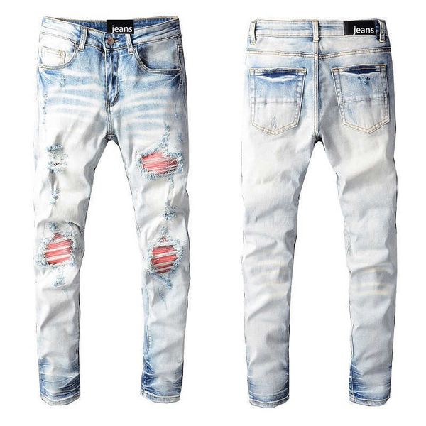 

designer mens ripped high y2k street tide light blue broken patch elastic slim fit jeans 807 skinny low waist scratch cross mid purple blue