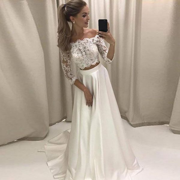 

two pieces wedding dress strapless lace satin boho wedding gown with half sleeve a-line custom made beach bride dresses, White