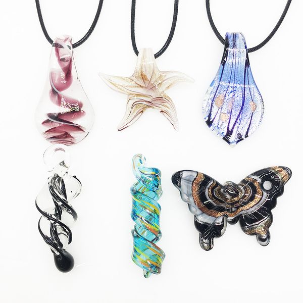 

6pcs spiral mix color murano glass pendant necklace for women stars starfish butterflies water drops jewelry, Silver