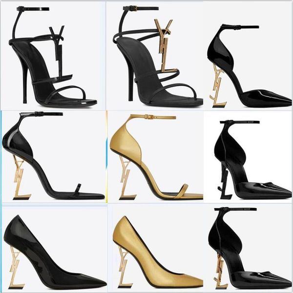 

women luxurys designers classic letter metal heel shoe sandals real picture genuine leather strap high heels shoes handbag wedding325j, Black