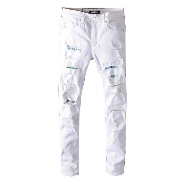 

high ripped designer y2k mens street men white sticking color diamond jeans youth slim fit leggings 647 skinny low waist scratch cross mid, Blue