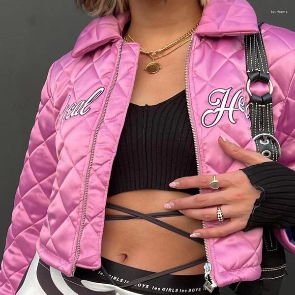 

women's jackets winter female casual embroidered letter lapel cotton crop jacket women warm zippered long sleeves slim coat y2k chaquet, Black;brown