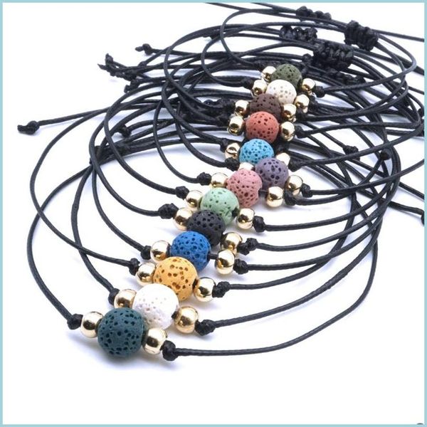 

charm bracelets 10mm colorf black white lava stone beads lover couple bracelet adjustable rope wristband essential oil diffuser jewe dhr1w, Golden;silver