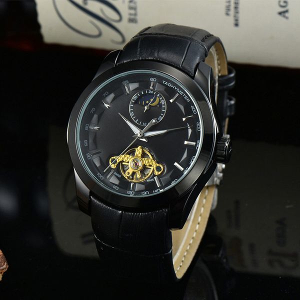 

luxury brand men's automatic mechanical watch business leisure multi-function sun moon star tourbillon stainless steel case leather wat, Slivery;brown