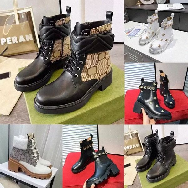 

designer women boots platform chunky heel martin boot genuine leather bee star shoes deserts winter embroidered o8l2#, Black