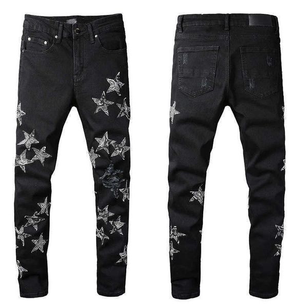 

designer mens ripped trend y2k star patch broken street stretch black jeans 826 skinny low waist scratch cross mid purple blue cotton
