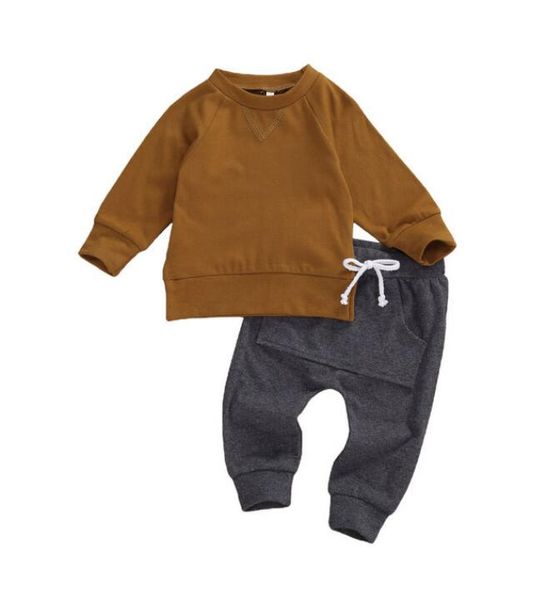 

infant kids baby boys 2pcs set clothes long sleeve hoodie pocket pants solid spring autumn outfits, White