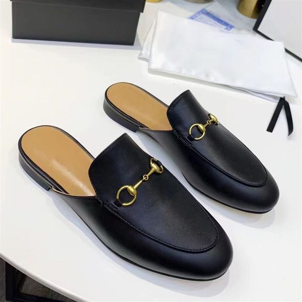 

designer slippers leather loafers men women princetown lace velvet slipper ladies casual mules metal buckle pattern with box216f, Black