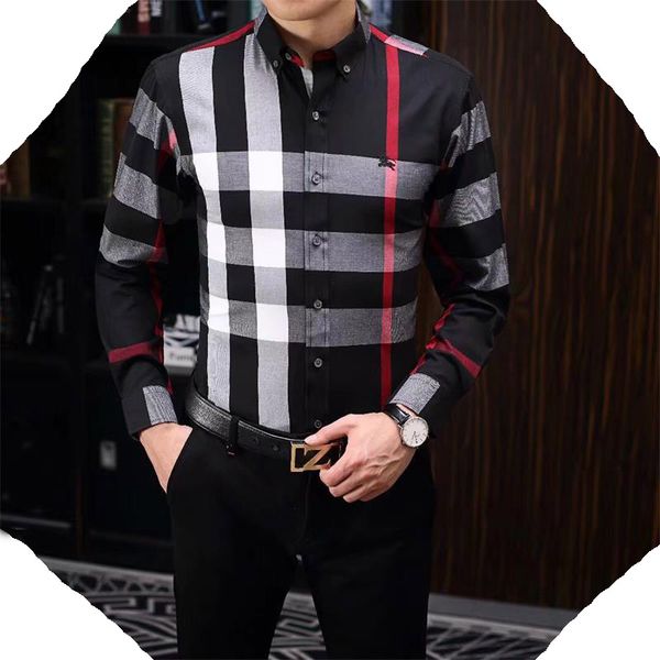 

men's dress shirts plaid long sleeve shirt men's slim fit non iron cotton shirt pocket size large men's wear, White;black