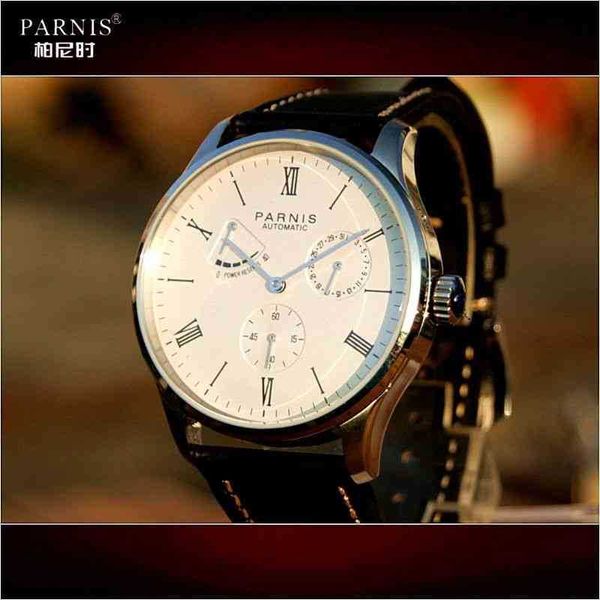 

luxury mechanical watch for menparnis mechanical watch bauhaus clown st17 movement automatic calendar business men genuine leather, Slivery;brown