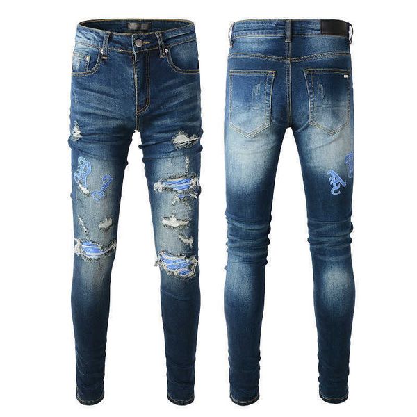 

designer ripped y2k jeans mens high street fashion brand blue broken patch beggar pants elastic leggings slim 838 skinny low waist scratch