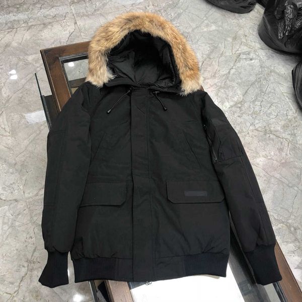 

designer luxury goosie down jacket fur ruff men cg winter fit warm canadas men white goosing coat exterior pockets zipper stretch rib cuff t, Black