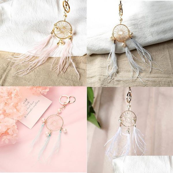 

keychains lanyards dhs pearl feather key chains holder dreamcatcher pendants car keychain keyrings for girls women bag hanging fas dhcbk, Silver