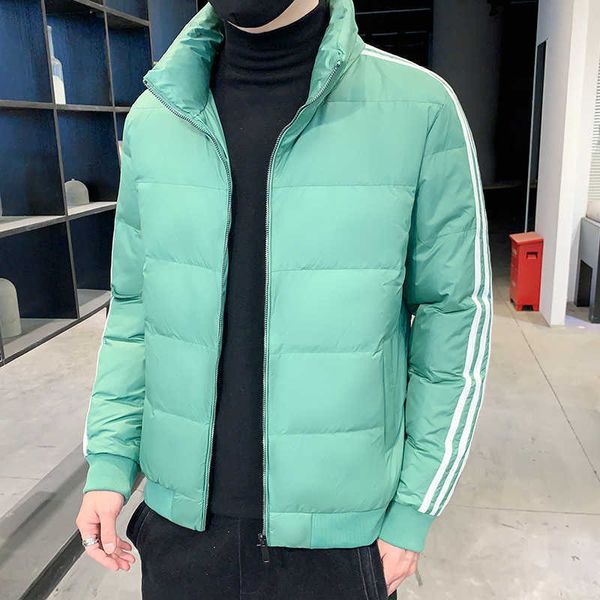

stripe green stand collar white duck down jacket new for boys 2022 winter thickening coat loose fashion men wear, Black