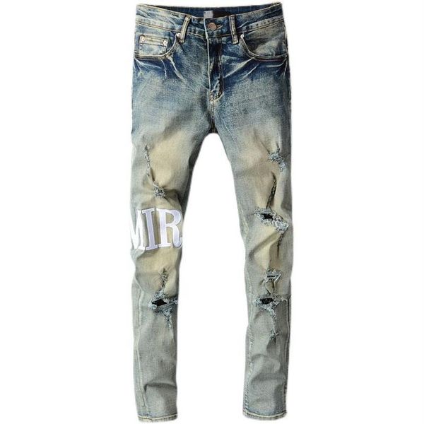 

men's jeans 2021 high street style retro distressed ripped embroidered stretch slim-fitting denim pants trousers for men 684172p, Blue
