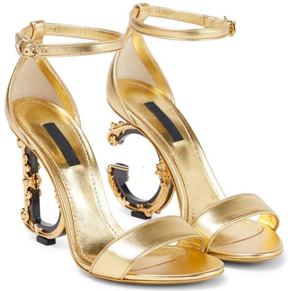 

famous keira leather women sandals shoes baroque d and g-shaped heels party wedding gold-plated carbon lady gladiator sandalias eu35-43, Black