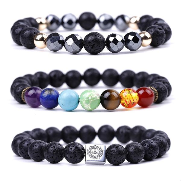 

charm bracelets 8mm black lava stone seven chakras healing beads charm bracelet women men energy buddha bracelets jewelry drop delive dh90d, Golden;silver