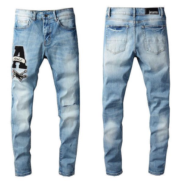 

fashion ripped y2k mens designer new blue embroidery men broken jeans 676 skinny low waist scratch cross mid purple blue cotton pockets