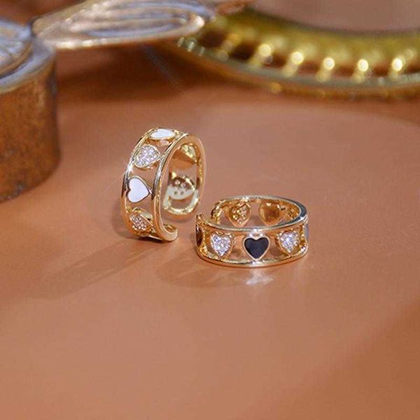 

cluster rings korean temperament 14k real gold hollow heart open ring for women simple cute love cz lady wedding jewelry bague accessories, Golden;silver