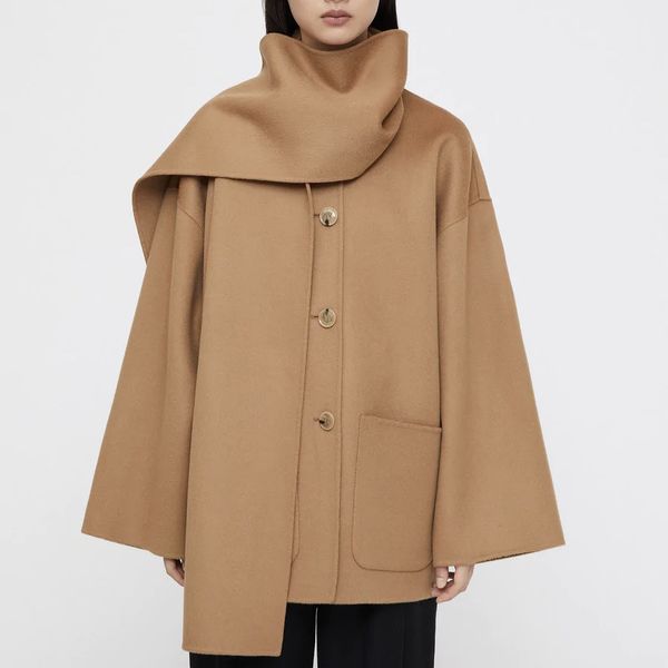 

toteme wool double e scarf single breasted wide sleeve jacket, Black;brown