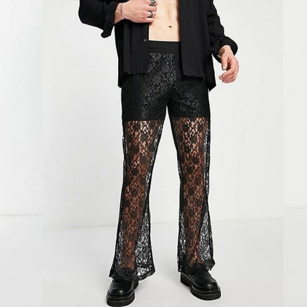 

men's pants fashion men mesh transparent lace elastic waist streetwear straight trousers solid pantalon s-5xl 2022, Black