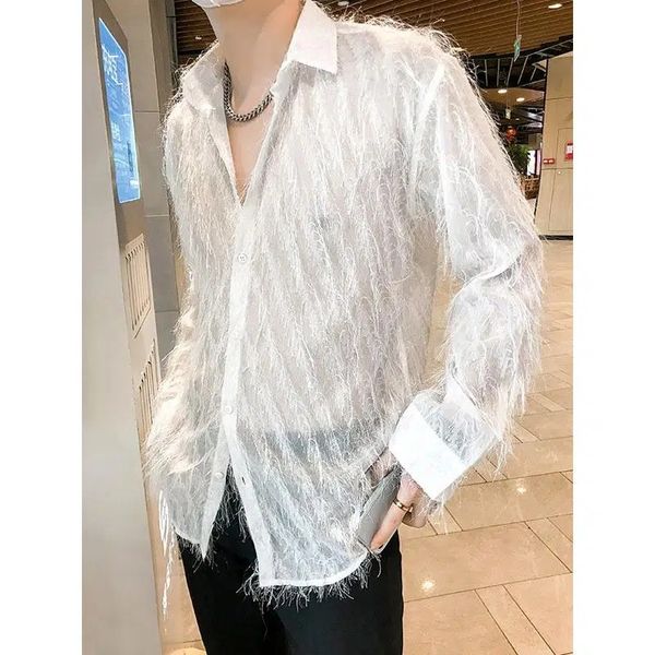 

men's t-shirts summer new see-through men long-sleeved personality tassel nightclub male loose thin hollow 689, White;black