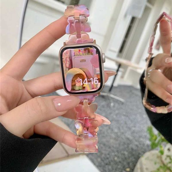 

kawaii pink butterfly resin apple watch band 41mm 45mm 40mm 38mm new design girl strap for iwatch series 7 6 se 5 4 3 2, Black;brown