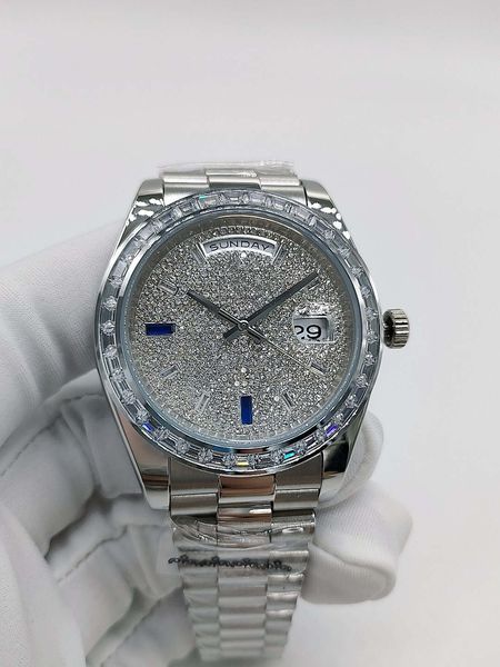 

full diamonds dial bezel men's wristwatches 41mm automatic mechanical movement mens watches stainless steel strap sports designer fashi, Slivery;brown