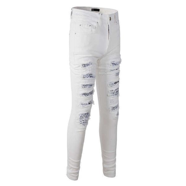 

high ripped y2k mens designer street fashion brand white broken patch slim fit jeans 843 skinny low waist scratch cross mid purple blue