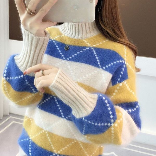 

women's korean autumn winter sweater news loose color matching knitted sweater turtleneck striped pullover sweaters loveley clothes, White;black