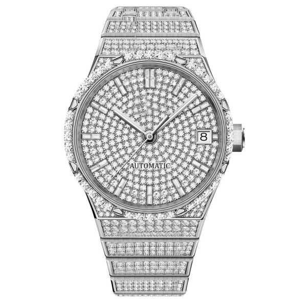 

fully drilled men's watch automatic mechanical watch 41mm diamond-encrusted fine steel bracelet fashion business montre de luxe 2022new, Slivery;brown