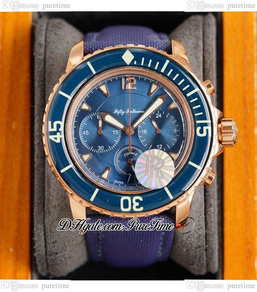 

rf fifty fathoms 5085 quartz chronograph mens watch rose gold blue textured dial nylon strap satch watches puretime b2, Slivery;brown