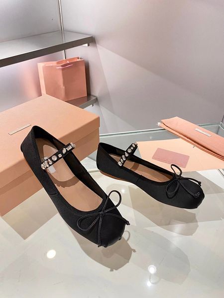 

2022 satin miu drill band ballet shoes bow women new diamond word buckle female mary jane shoe ladies flat bottom bandage shoes 34-41 46t0