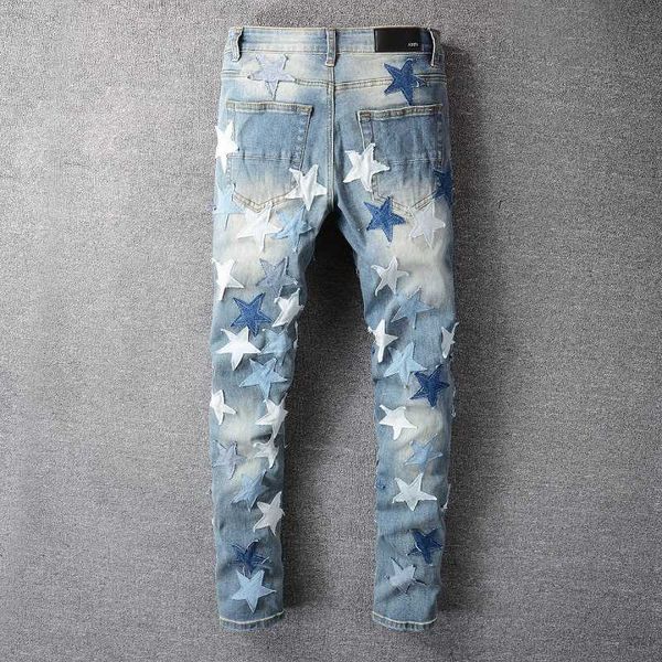 

men's jeans amirs designer fashion pants cool stylish leisure ripped brand casual hip hop high street worn washed ink color painting sl, Blue