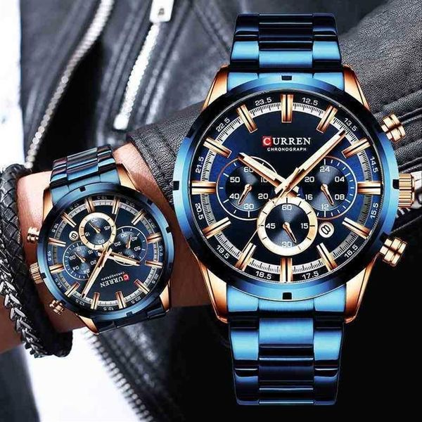 

curren men's watch blue dial stainless steel band date mens business male watches waterproof luxuries men wrist watches for men 21326y, Slivery;brown