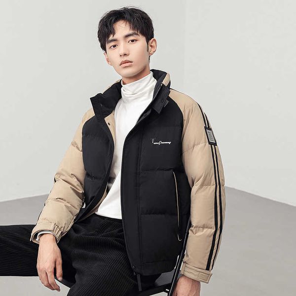 

high end down jacket thick 2022 new men's winter short windproof stand collar fashion color blocking coat trend, Black