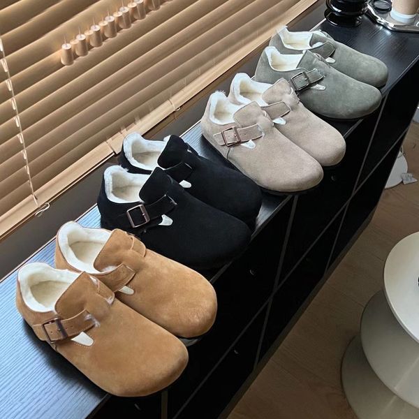 

designer boston slippers fur slides bag head pull cork flats mules woody casual loafers autumn winter wool sandals brown black slipper