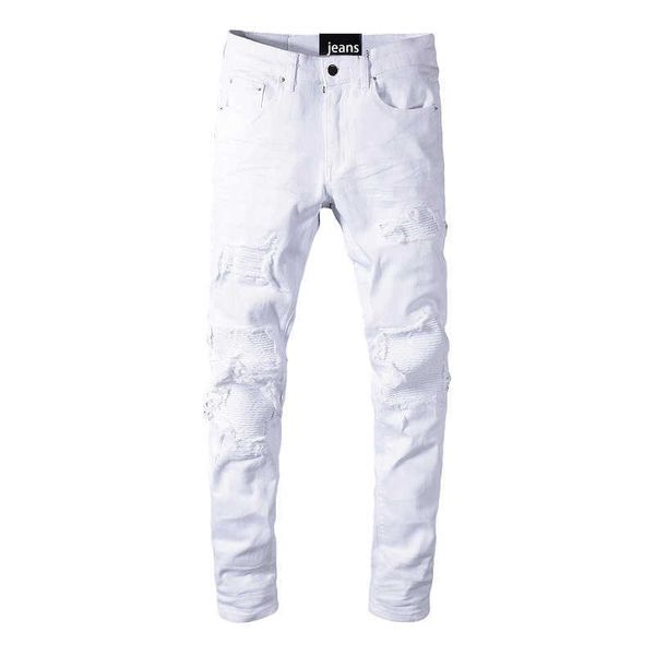 

designer mens ripped high y2k street fashion brand white jeans youth perforated patch elastic slim fit leggings 592 skinny low waist scratch, Blue