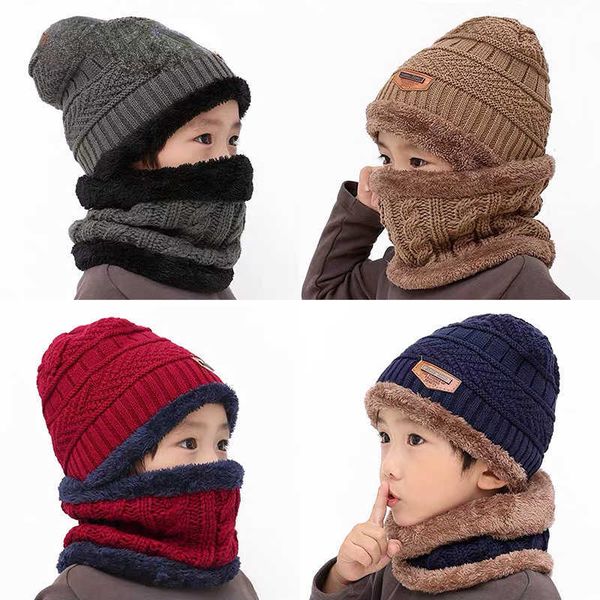 

hats caps children knitted hat winter warm baby kids cap skullies beanies circle scarf thicken fleece lining for 2-12 years boys girls l2210, Yellow