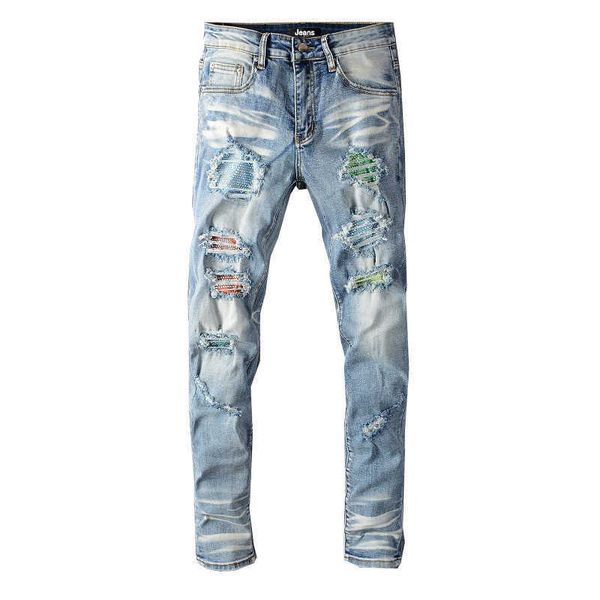 

y2k jeans mens designer ripped high street fashion sign light blue colorful diamond beggar pants slim fit feet 656 skinny low waist scratch