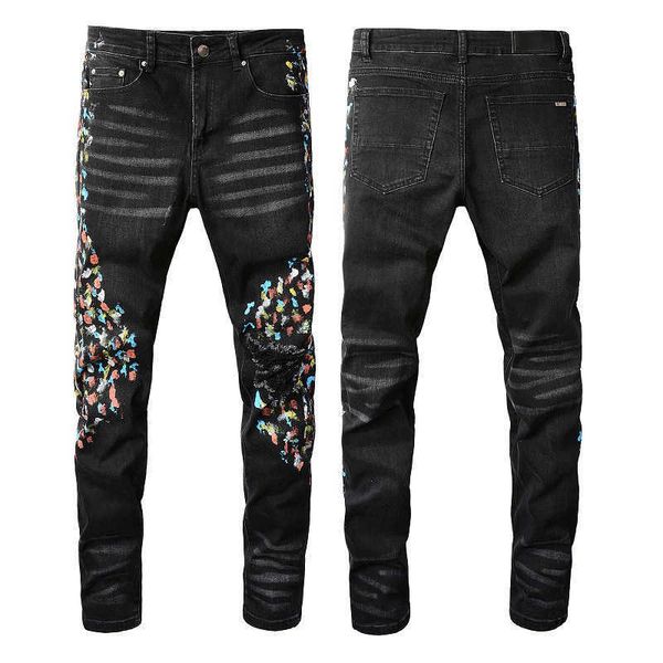

street ripped y2k mens designer trend black broken digital print stretch jeans 865 skinny low waist scratch cross mid purple blue cotton