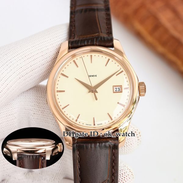 

twf 39mm rose gold case watch 5227r-001 5227 cal.324 movement automatic mens watch champagne dial brown leather sapphire mirror gents watche, Slivery;brown