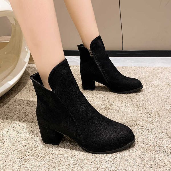 

boots women autumn winter flock ankle slip-on round toe square heel solid casual black/camel booties size 35-43 y2210