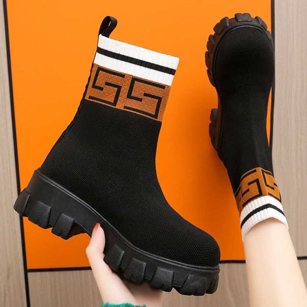 

boots 2022 autumn winter new couple socks shoes women thick-soled casual large size net black knitted short botas de mujer y2210