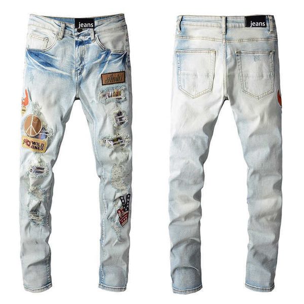 

designer ripped y2k fashion mens brand light blue crane embroidery elastic jeans 678 skinny low waist scratch cross mid purple blue