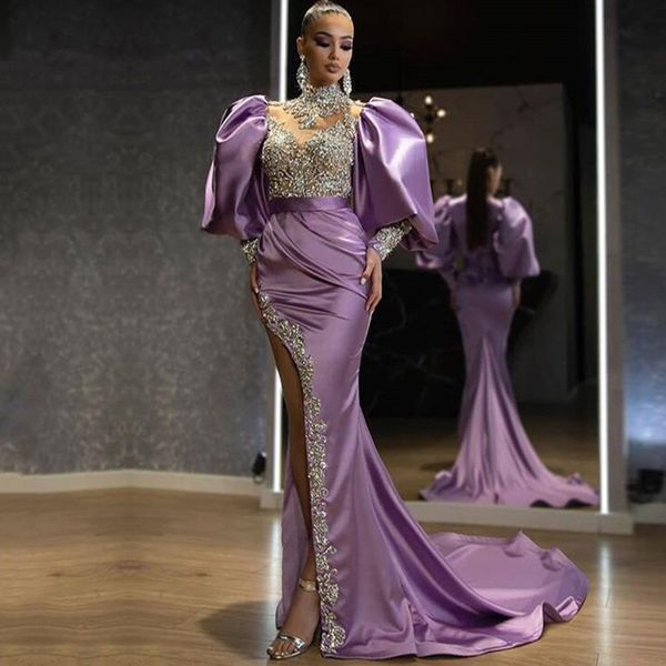 

2023 mermaid evening dresses wear purple sheath long sleeves illusion crystal beading high side split floor length party dress prom gowns, Black;red