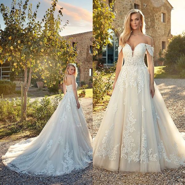 

off shoulder bridal gowns appliques lace boho a-line wedding dress vestido de noiva custom made, White