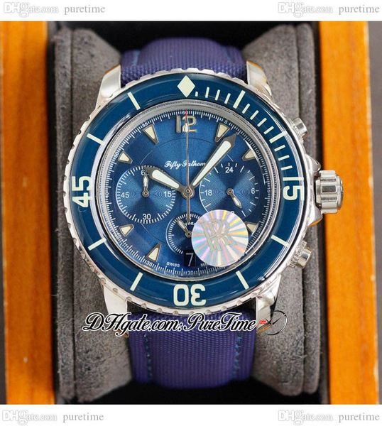 

rf fifty fathoms 5085 quartz chronograph mens watch steel case blue textured dial nylon strap satch puretime a1, Slivery;brown
